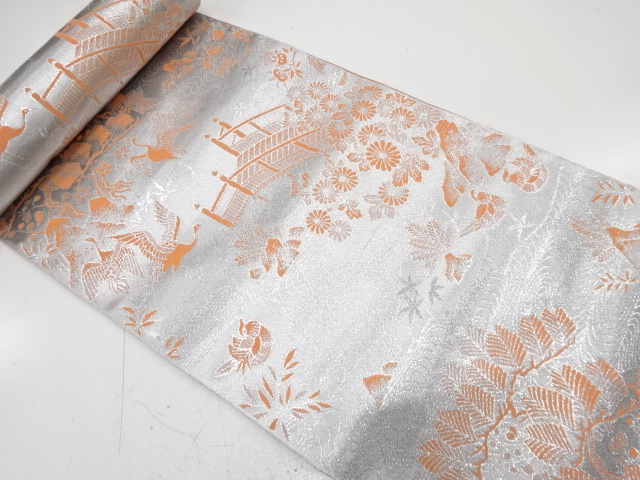 JAPANESE KIMONO / ANTIQUE BOLT FOR NAGOYA OBI / SILK / WOVEN BRIDGE & CRANE & FLORAL PLANTS